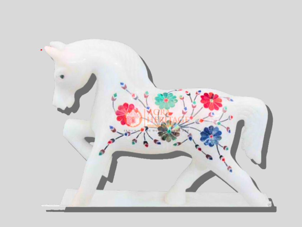 White Marble Horse Inlay Stone Statue for Sale